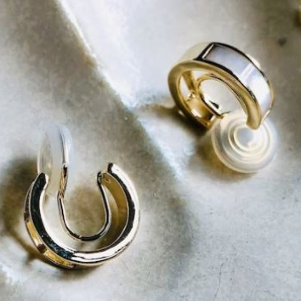 NWOT: White Mother of Pearl 14K Gold Plated Clip On Earrings - Picture 6 of 7